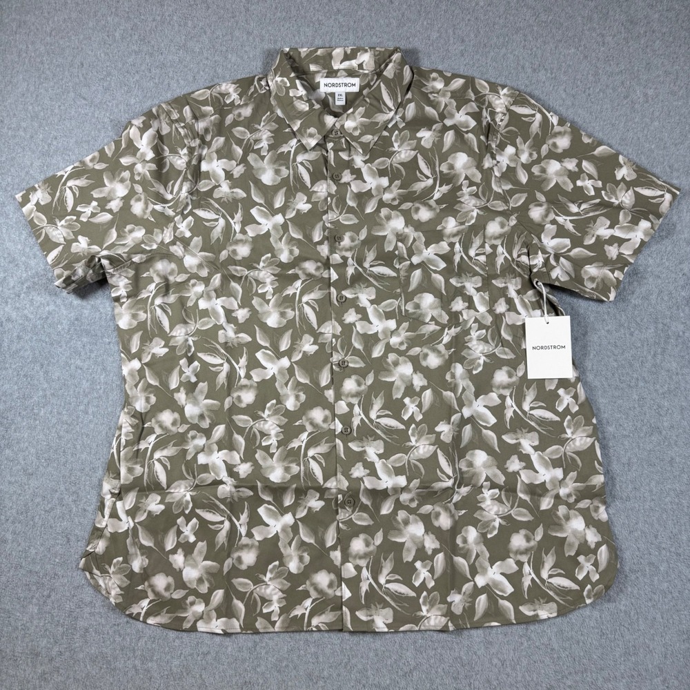 NWT Nordstrom Men 2XL Olive Painted Leaves Floral Short Sleeve Button Down Shirt